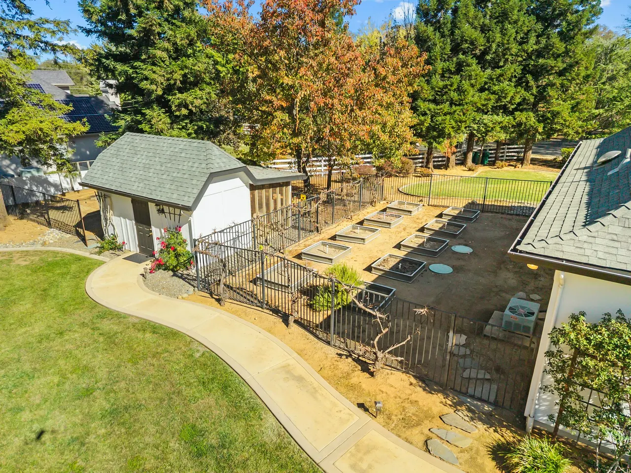 Aerial view of the raised-bed garden area and chicken coop