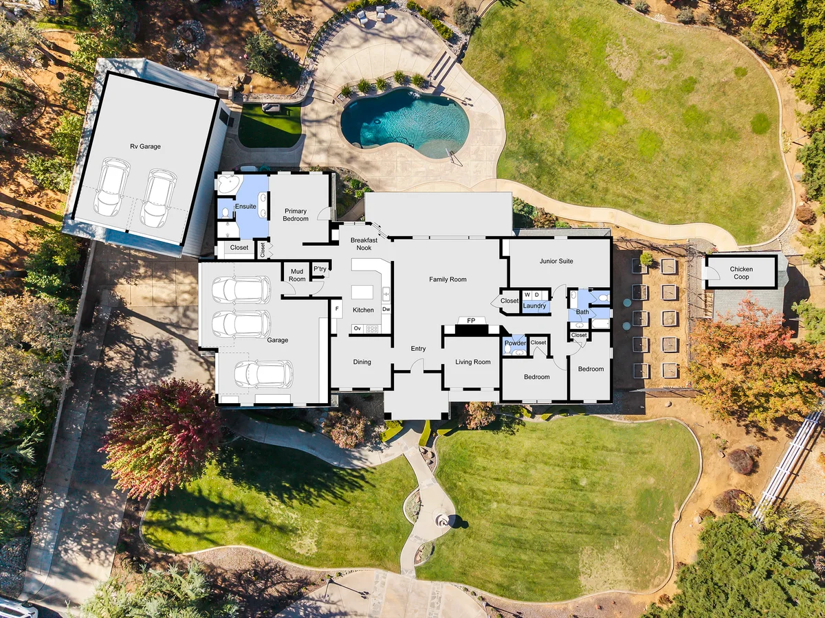 Floor plan overlaid on an aerial photo, showing the home, pool, RV garage, garden and chicken coop