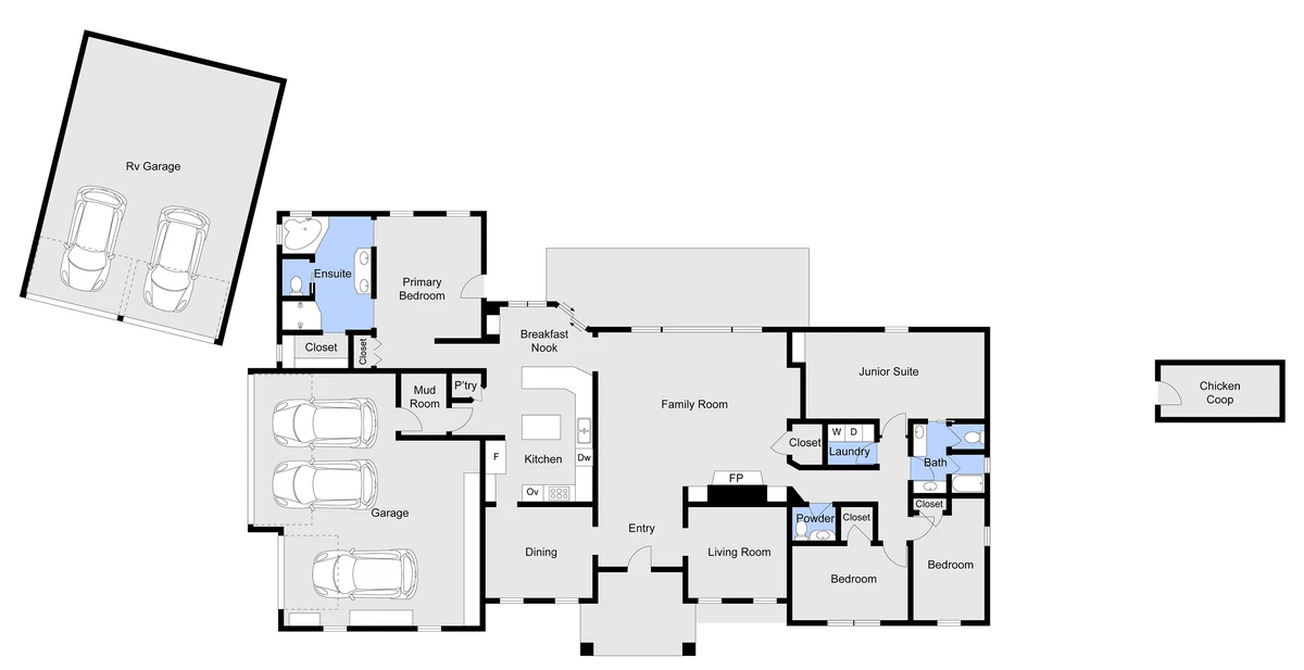 Floor plan showing entry, living, dining, kitchen, family room, primary suite, junior suite, two bedrooms, garage and RV garage